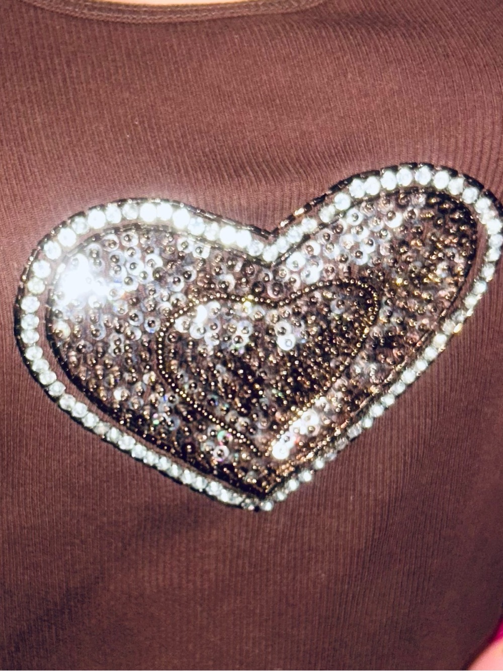 TWISTED HEART  brown sequin heart crystal cotton tank top embellished beads M